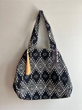 NWT Dot Dash 100% Cotton Woven Bag Boho Tribal Print Black/White
